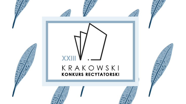 Na tle niebieskich piór logo Krakowskiego Konkursu Recytatorskiego