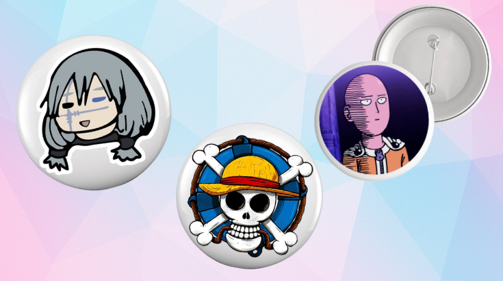 Grafika przedstawia piny - okrągłe plastikowe elementy na agrafce z różnymi bohaterami animacji dla nastolatków.