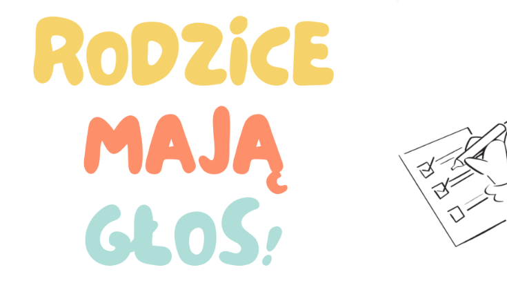 Napis na białym tle Rodzice Mają Głos! w kolorach żółto pomarańczowo niebieskim.