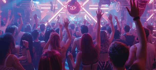 Na ilustracji tłum młodych ludzi bawiących się na koncercie odwróconych tyłem w stronę dyskotekowej kuli. Całość w neonowych barwach.