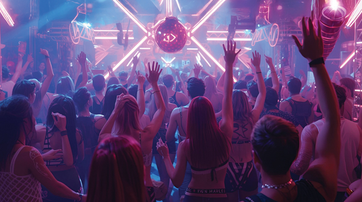 Na ilustracji tłum młodych ludzi bawiących się na koncercie odwróconych tyłem w stronę dyskotekowej kuli. Całość w neonowych barwach.