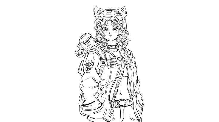 Szary szkic postaci w stylu manga.