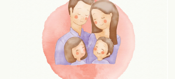 Ilustracja przedstawia przytuloną rodzinę mama, tata, córka i syn, wszystko w pastelowych kolorach