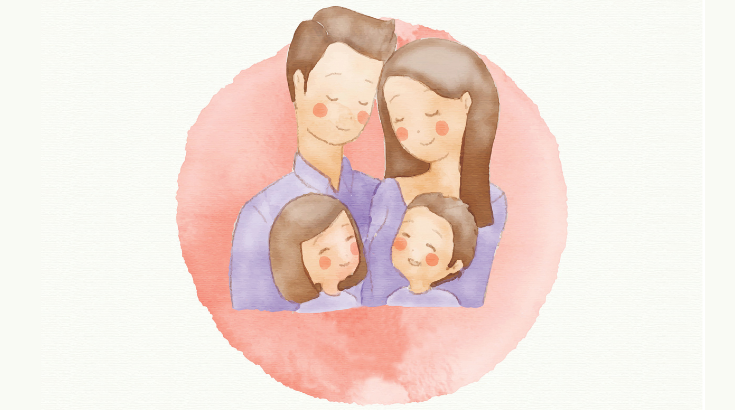 Ilustracja przedstawia przytuloną rodzinę mama, tata, córka i syn, wszystko w pastelowych kolorach