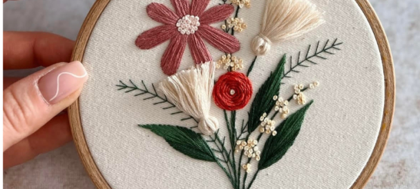 Na zdjęciu tamborek z wyhaftowanymi kwiatami