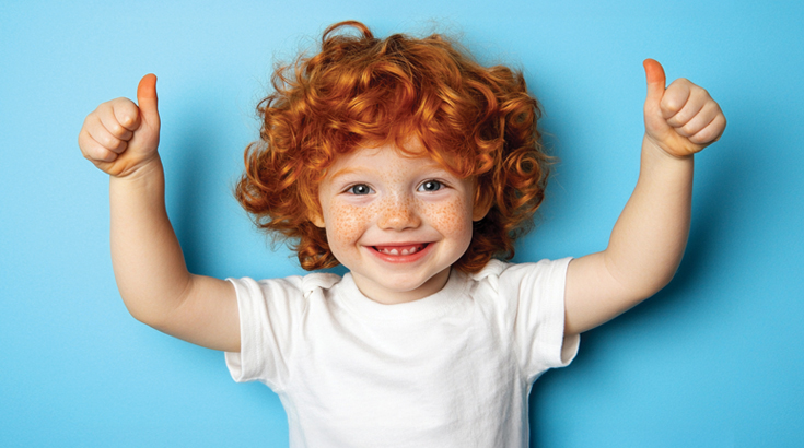 Na niebieskim tle uśmiechnięty mały chłopczyk z rudymi kręconymi włosami i w białej koszulce unosi ręce i ma zaciśnięte dłonie w geście znaczącym, że wszystko w porządku.