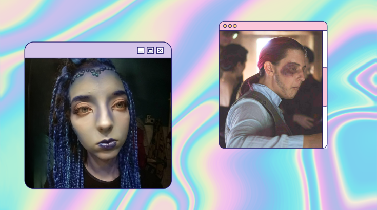 Na wielokolorowym tle dwie fotografie: zdjęcie po lewej stronie przedstawia osobę w makijażu stylizowanym na bohatera filmu Avatar, zdjęcie po prawej przedstawia osobę po filmowej charakteryzacji z siniakiem i raną na policzku.