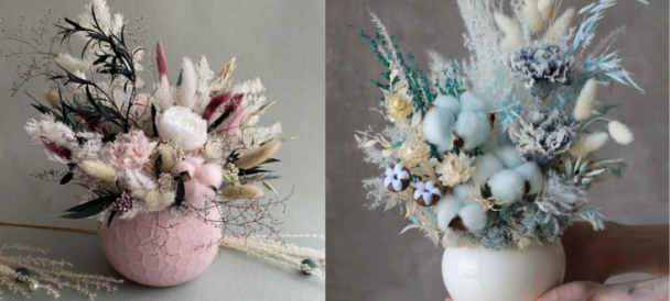 Na dwóch zdjęciach obok siebie flowerboxy w pastelowych kolorach.