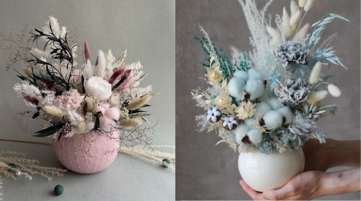 Na dwóch zdjęciach obok siebie flowerboxy w pastelowych kolorach.