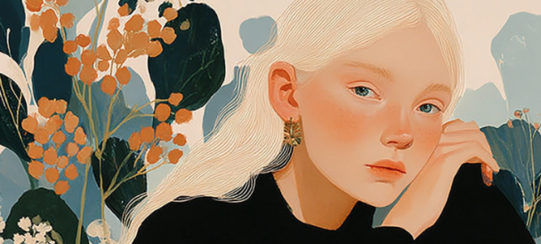 Grafika z blond dziewczynką o smutnych oczach w pastelowej kolorystyce