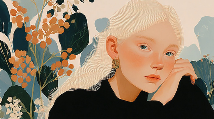 Grafika z blond dziewczynką o smutnych oczach w pastelowej kolorystyce