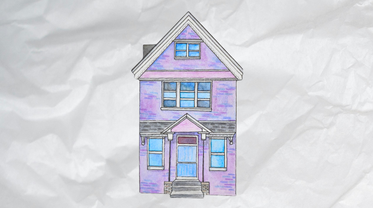 Rysunek fioletowo-niebieskiego domku jednorodzinnego na tle lekko zmiętej białej kartki papieru.