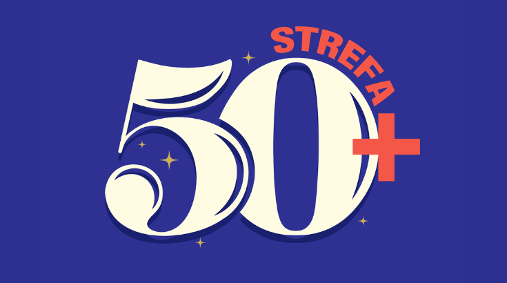 Na szafirowym tle duża liczba 50 w kolorze kremowym a na obrzeżu cyfry zero pomarańczowy dopisek strefa +