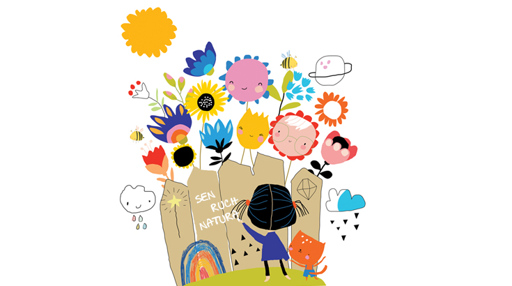 Na białym tle rysunek odwróconej tyłem małej dziewczynki która pisze po płotku. Nad płotkiem mnóstwo kolorowych kwiatów a nad nimi słońce