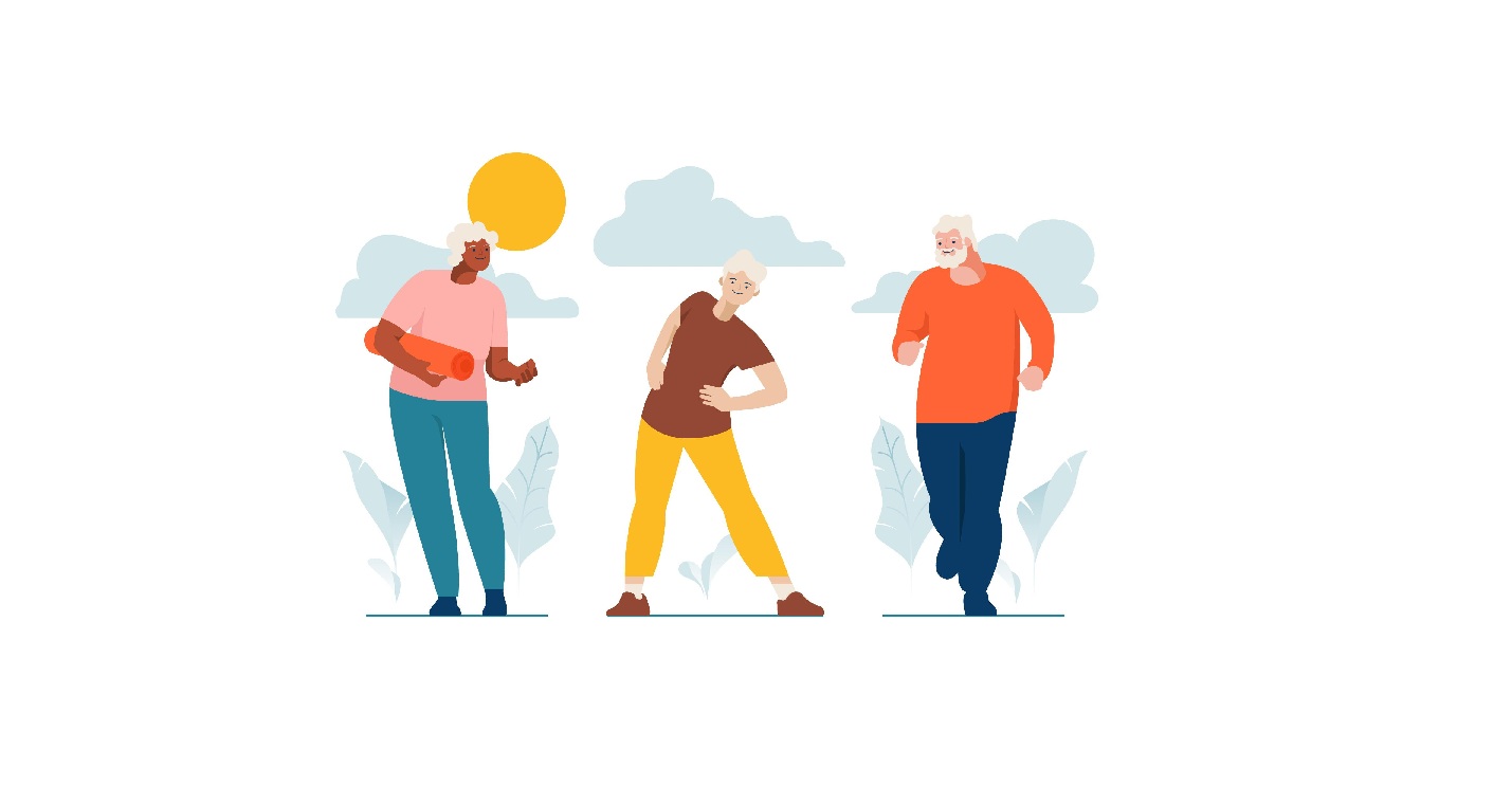 Trzy osoby w kolorowych ubraniach wykonują ćwiczenia ruchowe.