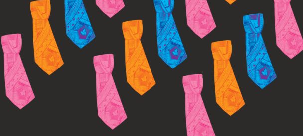 Grafika przedstawia kolorowe krawaty na czarnym tle.