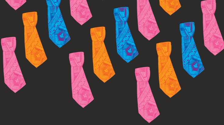 Grafika przedstawia kolorowe krawaty na czarnym tle.