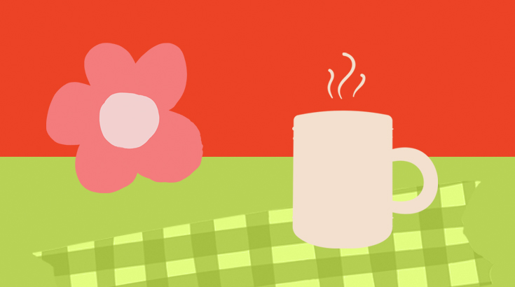 Grafika wektorowa dwutonowa - zieleń i pomarańcz, przedstawiająca kubek z parującym napojem oraz kwiat.