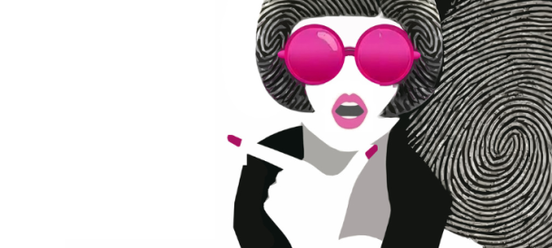 Graficzny rysunek kobiety w czarno białych barwach z różowymi akcentami: okulary, usta, paznokcie.