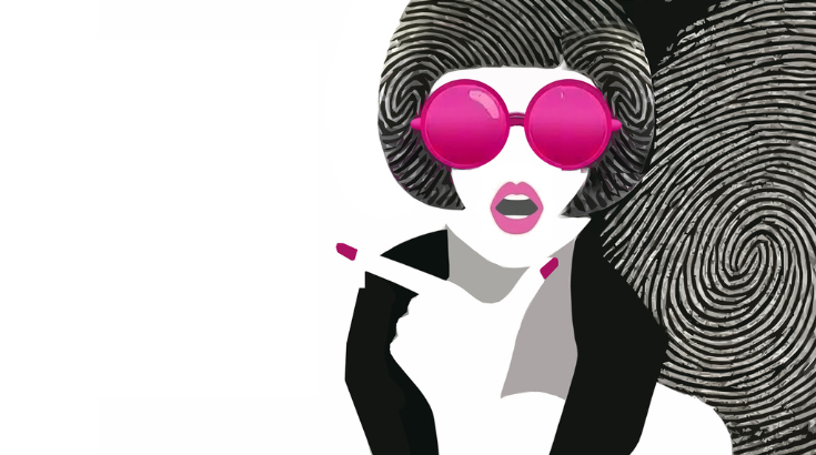 Graficzny rysunek kobiety w czarno białych barwach z różowymi akcentami: okulary, usta, paznokcie.