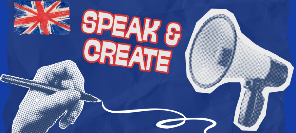 Grafika z flagą Wielkiej Brytanii, megafonem i dłonią trzymającą długopis oraz napisem "Speak & Create".