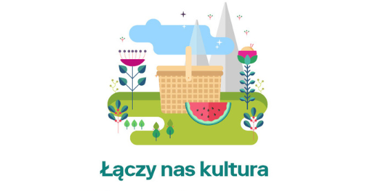 Kolorowa grafika na białym tle przedstawia koszyk piknikowy n trawie z kwiatami wokół a pod nią hasło Łączy nas kultura - Przyjazny piknik