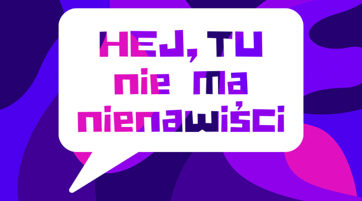 Na różowo - granatowo, fioletowo niebieskim tle napis HET. Tu nie ma nienawiści